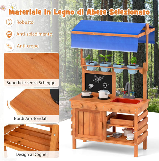 Cucina Giocattolo per Giardino con Attrezzi da Giardinaggio 2 in 1, Cucina per Bambini in Legno di Pino con Tettoia Regolabile, 4 Vasi e Lavagna, Set Cucina con 9 Accessori, 77 x 52 x 135 cm