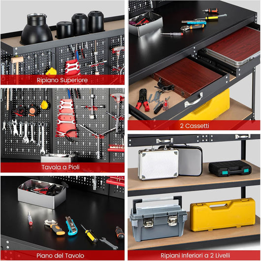 Banco da Lavoro con Pannello a Chiodi, Tavolo da Officina con Cassetti, Ripiani e 25 Accessori Appendibili, Carico Massimo 435 kg, per Garage, Casa, Officina e Magazzino