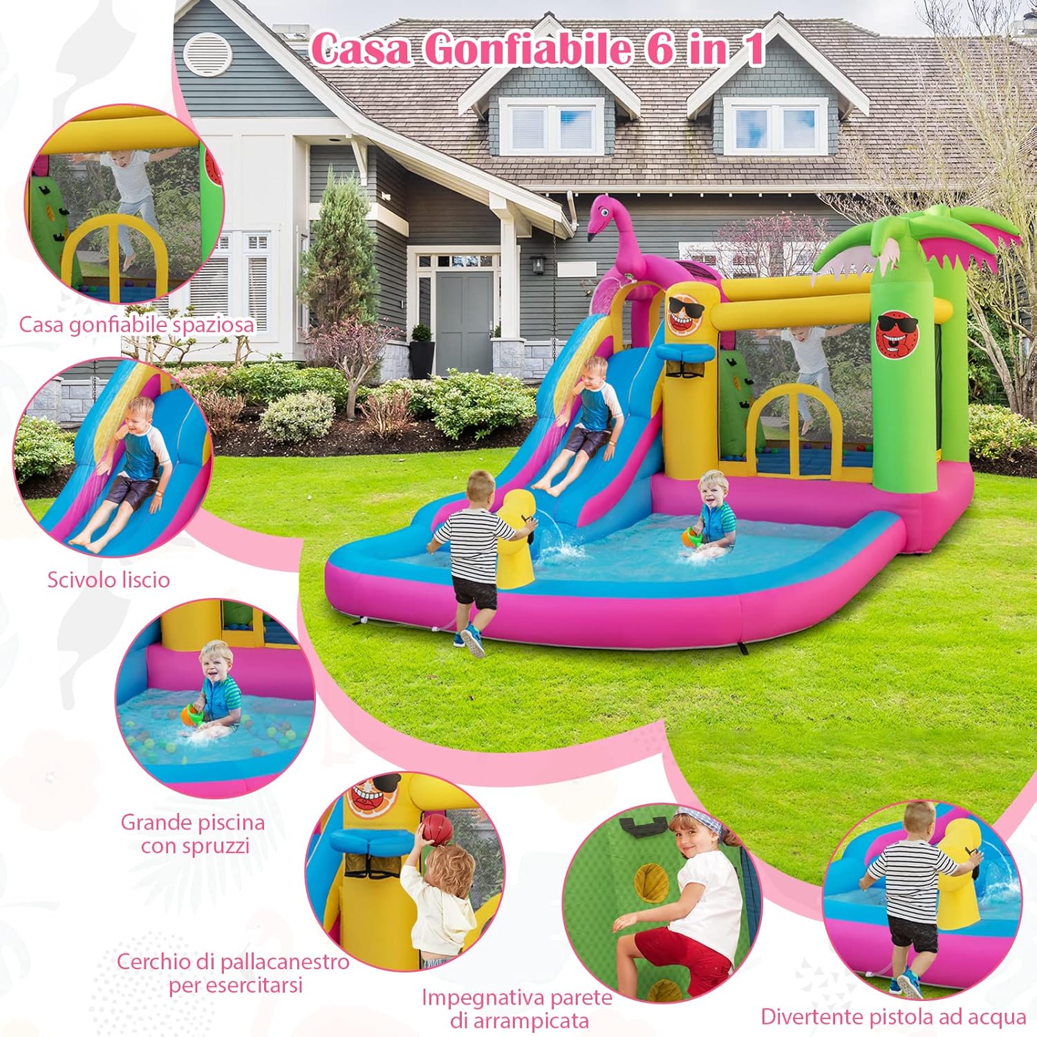 Castello Gonfiabile Fenicottero con Soffiatore 680W, Gonfiabile per Bambini con Scivolo, Area di Salto, Piscina e 50 Palline, Spruzzi, Arrampicata, Cannone e Canestro, 300 x 450 x 260 cm