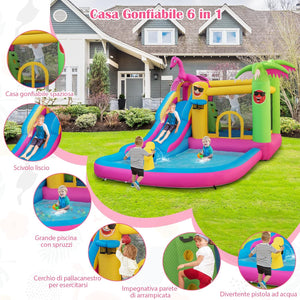Castello Gonfiabile Fenicottero con Soffiatore 680W, Gonfiabile per Bambini con Scivolo, Area di Salto, Piscina e 50 Palline, Spruzzi, Arrampicata, Cannone e Canestro, 300 x 450 x 260 cm