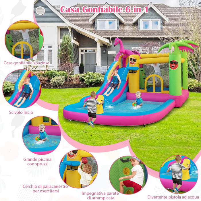 Castello Gonfiabile Fenicottero con Soffiatore 680W, Gonfiabile per Bambini con Scivolo, Area di Salto, Piscina e 50 Palline, Spruzzi, Arrampicata, Cannone e Canestro, 300 x 450 x 260 cm