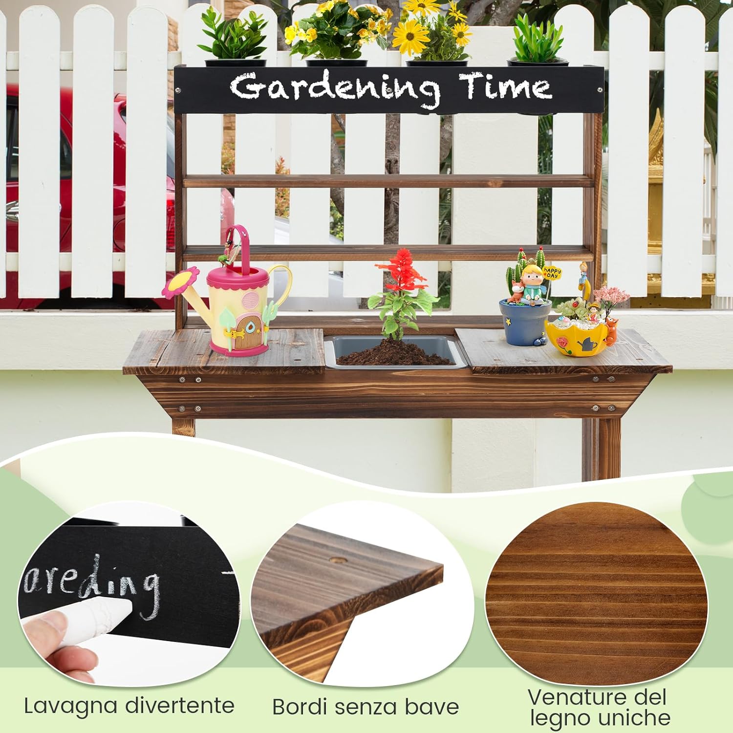 Cucina da Giardino, Cucina Giocattolo per Bambini con Struttura in Legno di Abete Massiccio, Lavandino Rimovibile, per Bambini 3-7 anni