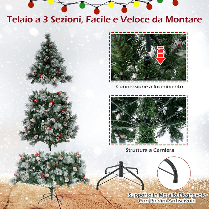 Albero di Natale Artificiale 185/215 cm Pre-Illuminato e Incernierato, con 747/1116 Punte, 350/400 Luci LED, 55/70 Pigne, 55/70 Bacche Rosse e 11 Modalità di Illuminazione (215 cm)