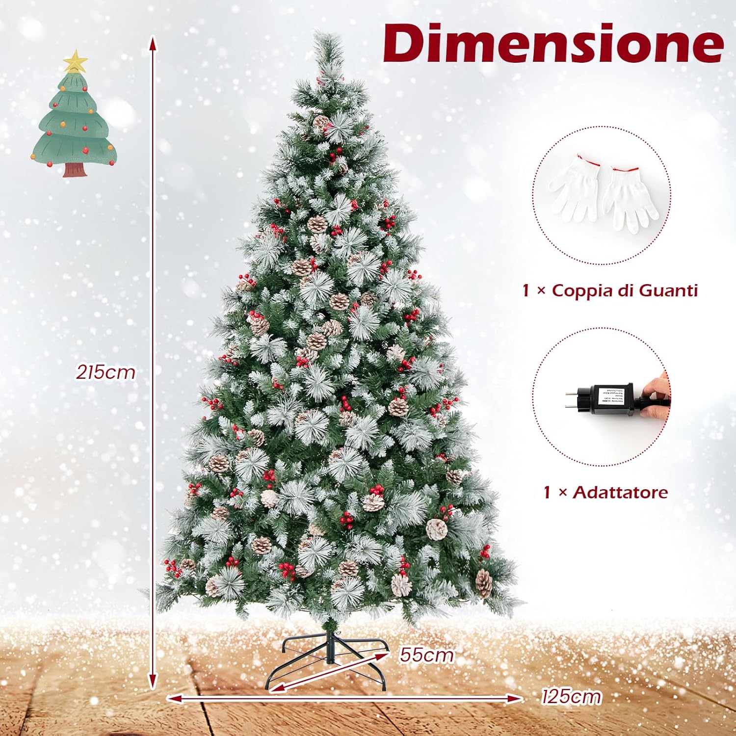 Albero di Natale Artificiale 185/215 cm Pre-Illuminato e Incernierato, con 747/1116 Punte, 350/400 Luci LED, 55/70 Pigne, 55/70 Bacche Rosse e 11 Modalità di Illuminazione (215 cm)