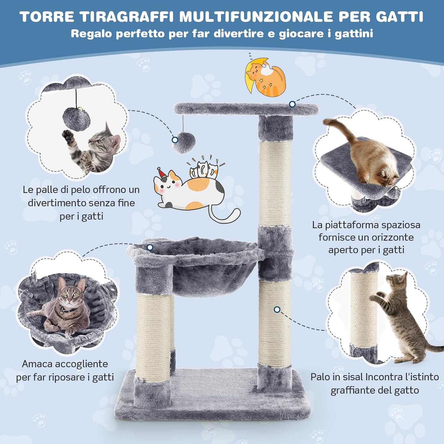 Tiragraffi per Gatti, Albero Tiragraffi Gatto con Amaca, Piattaforma, Tiragraffi in Sisal e Pallina, Tiragraffi da Divano in Legno per Gatti Piccoli, 40 x 40 x 64 cm (Grigio)