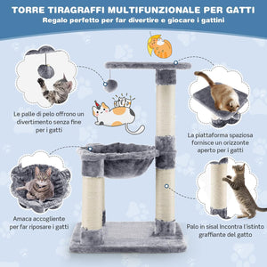 Tiragraffi per Gatti, Albero Tiragraffi Gatto con Amaca, Piattaforma, Tiragraffi in Sisal e Pallina, Tiragraffi da Divano in Legno per Gatti Piccoli, 40 x 40 x 64 cm (Grigio)
