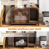 Mobile Lettiera per Gatti 80 x 40 x 132 cm, Credenza Soggiorno con Ripiani di Stoccaggio, Tiragraffi per Gatti, 2 Prese AC e Cuccia, Armadio Salvaspazio per Cuccia e Ingresso (Marrone)