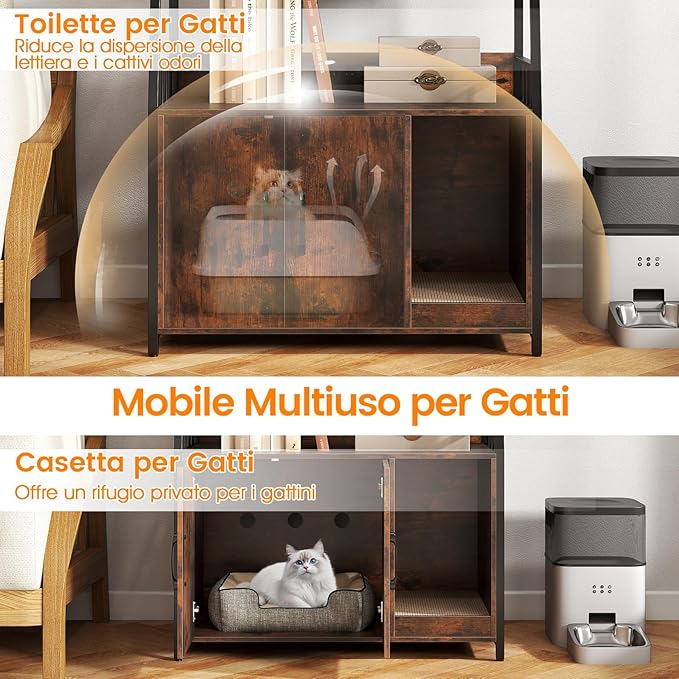 Mobile Lettiera per Gatti 80 x 40 x 132 cm, Credenza Soggiorno con Ripiani di Stoccaggio, Tiragraffi per Gatti, 2 Prese AC e Cuccia, Armadio Salvaspazio per Cuccia e Ingresso (Marrone)