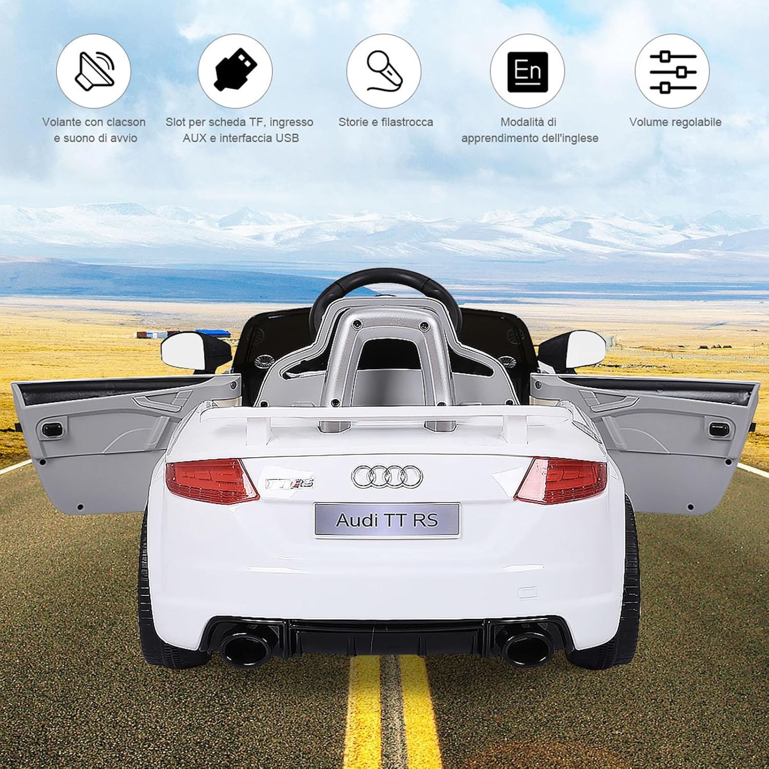 Audi 12V Auto Elettrica per Bambini, Macchina Elettrica con Velocità 2,5-5 km/ora, con Telecomando USB MP3 Luci LED (Bianco)