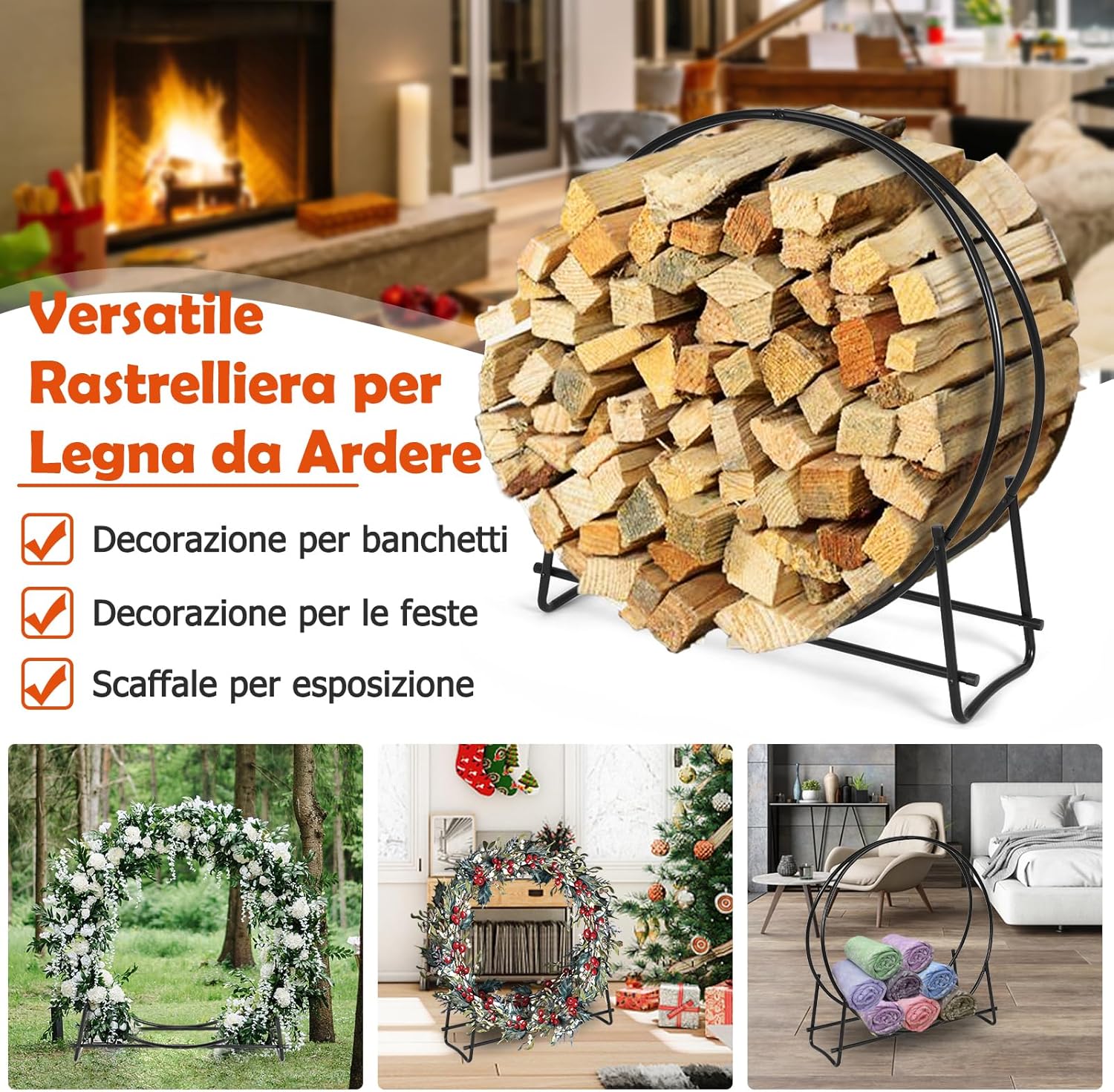 Portalegna da Interno ed Esterno, Porta Legna per Camino in Acciaio Resistente, Portalegna da Ardere per Caminetto e Braciere, Portata 200 kg