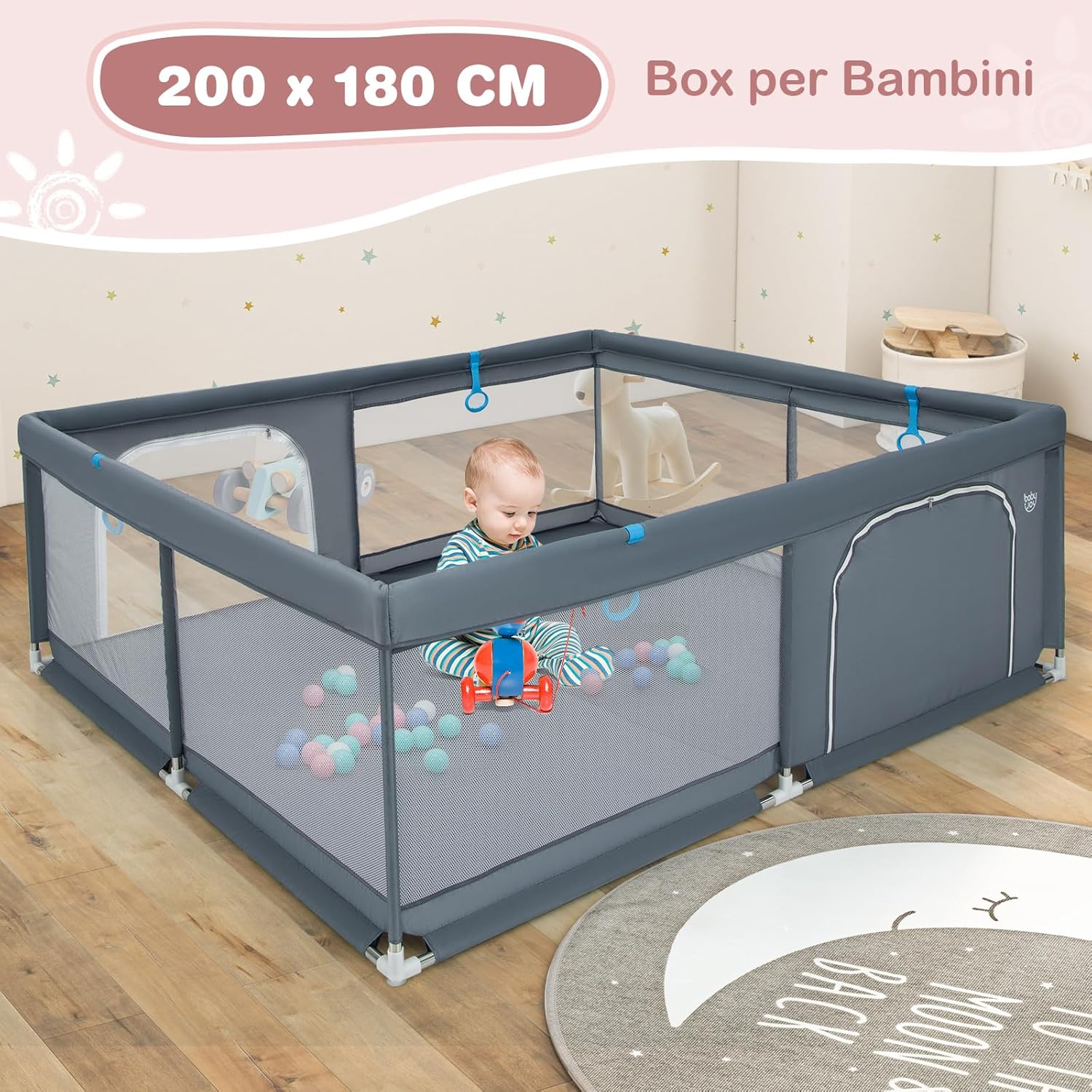 Recinto per Bambini, Box per Bambini con Rete Traspirante, Centro Attività per Bambini con 50 Palline, Box Giochi per Bambini 0-3 Anni (Grigio, 200 x 180 cm)