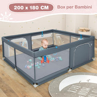 Recinto per Bambini, Box per Bambini con Rete Traspirante, Centro Attività per Bambini con 50 Palline, Box Giochi per Bambini 0-3 Anni (Grigio, 200 x 180 cm)