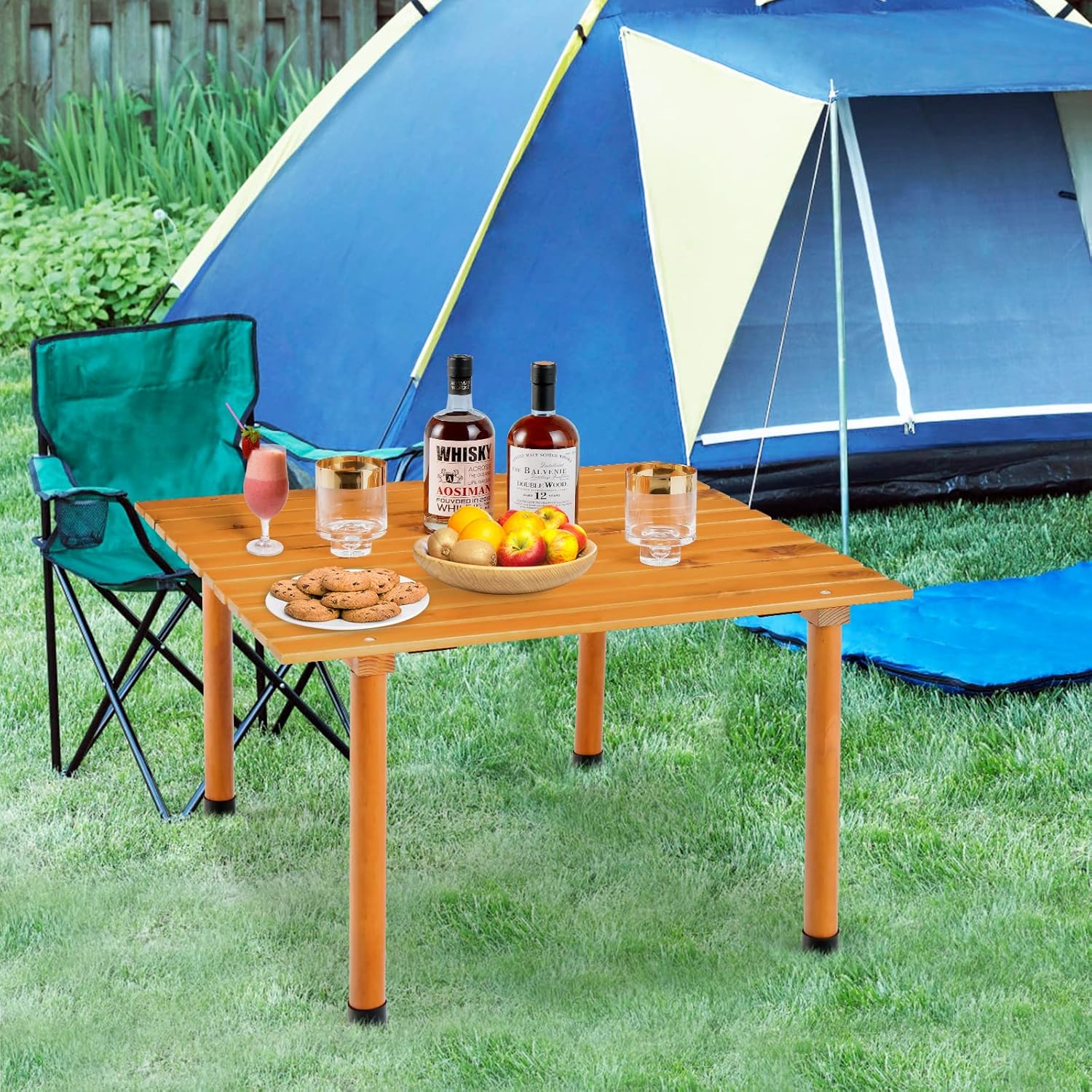 Tavolo da Campeggio Pieghevole per Esterni, Tavolo Picnic in Legno con Borsa Portatile, Tavolo da Campeggio Multifunzione per Spiaggia, Picnic, Pesca, Barbecue, 69 x 69 x 42 cm (Naturale)