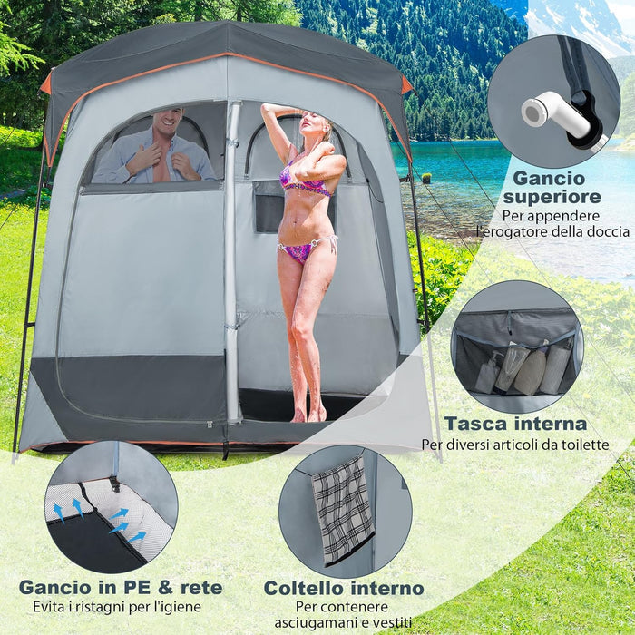 Tenda Spogliatoio da Esterno a 2 Stanze, Tenda da Doccia da Campeggio con Parapioggia Rimovibile, Stendibiancheria e Borsa, Tenda per WC Doccia per Campeggio, Spiaggia e Pesca(Grigio)