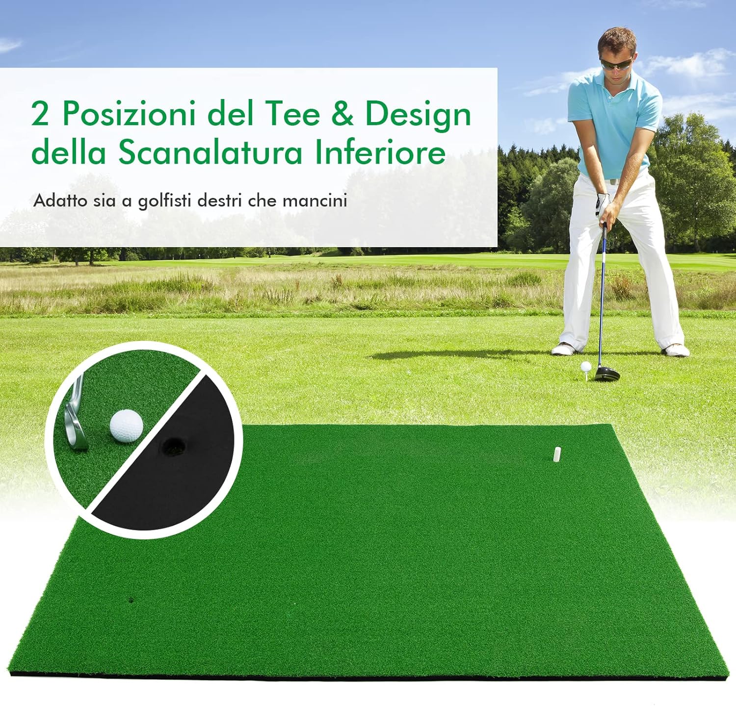 Tappetino da Golf con Manto Erboso Sintetico e 2 Posizioni per Tee, 3 Tee di Golf Inclusi, Tappetino Standard Realistico per Giocare a Golf, Ideale per Uso Interno ed Esterno, 1,5 x 1 M