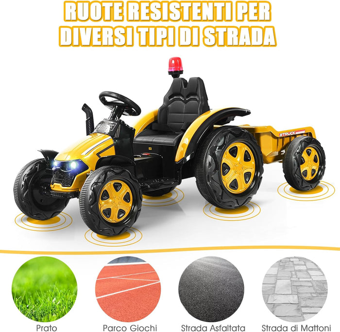 Trattore Elettrico per Bambini con Rimorchio, 2 in 1 Go Kart e Trattore per Bambini 3-8 Anni, con Telecomando e Cintura di Sicurezza a 2 Punti (Giallo)