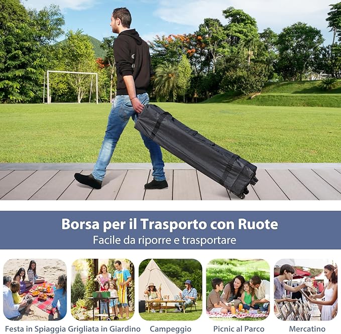Gazebo Pop-up da Esterno 302 x 302 cm, Gazebo Pieghevole con 4 Pareti Laterali, Rete a Maglia, Borsa con Ruote, 8 Picchetti e 4 Corde Antivento, Tendone Impermeabile per Spiaggia e Cortile