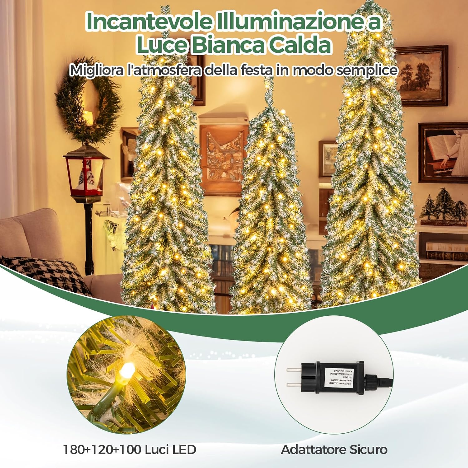 Albero di Natale Slim e Innevato con Luci 120/150 / 180 CM, Set di Alberi di Natale Artificiali Realistico con 216 & 302 & 505 Punte di Rami e 100 & 120 & 180 Luci LED