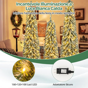 Albero di Natale Slim e Innevato con Luci 120/150 / 180 CM, Set di Alberi di Natale Artificiali Realistico con 216 & 302 & 505 Punte di Rami e 100 & 120 & 180 Luci LED