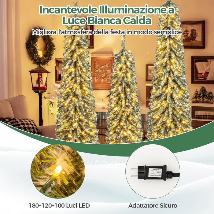 Albero di Natale Slim e Innevato con Luci 120/150 / 180 CM, Set di Alberi di Natale Artificiali Realistico con 216 & 302 & 505 Punte di Rami e 100 & 120 & 180 Luci LED