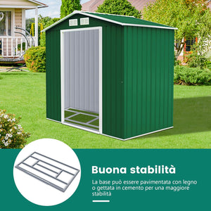 Casetta da Giardino in Acciaio 2,7㎡, con Base, Porte Scorrevoli, Maniglie, Sfoghi e Tettoia, Capanno da Esterno per Giardino, Fattoria e Cortile, 213 x 127 x 185 cm (Verde Scuro)