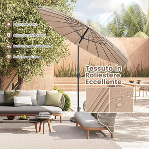 Ombrellone da Giardino Rotondo di 265 cm, Ombrellone da Patio con 18 Costole, Inclinazione a Pulsante, Parasole con Supporto in Metallo, per Cortile, Piscina, Spiaggia (Marrone)