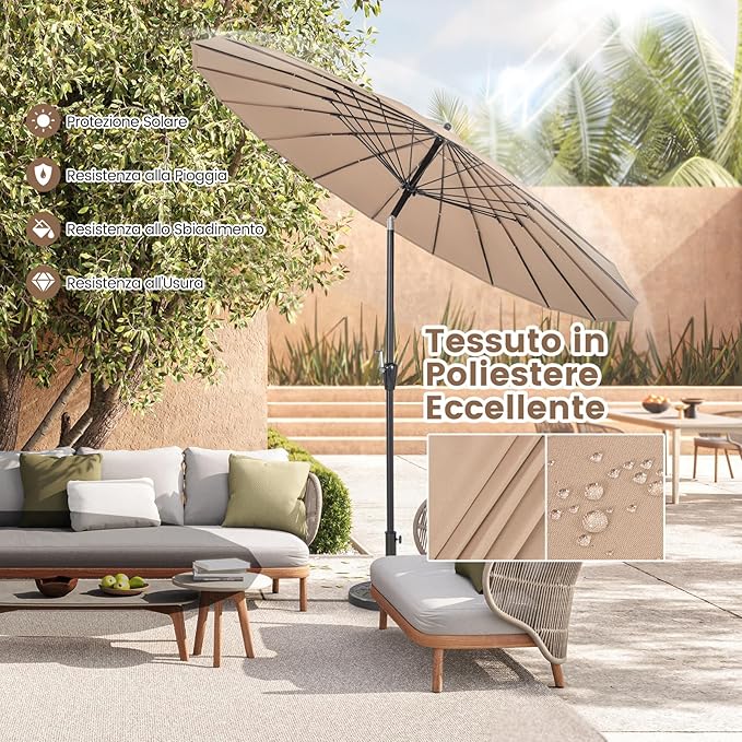 Ombrellone da Giardino Rotondo di 265 cm, Ombrellone da Patio con 18 Costole, Inclinazione a Pulsante, Parasole con Supporto in Metallo, per Cortile, Piscina, Spiaggia (Marrone)