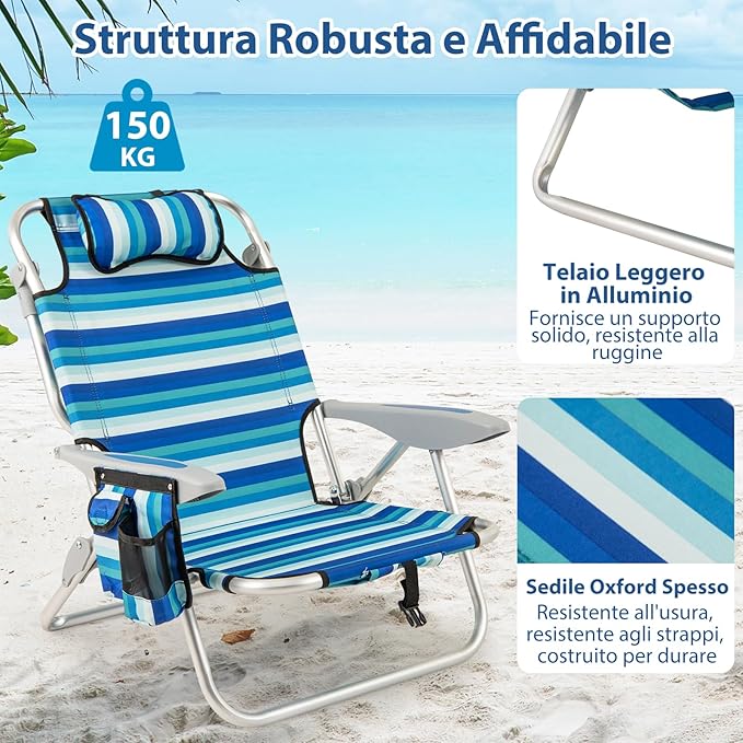 Sedia Pieghevole da Spiaggia, Telaio in Alluminio, Sedia Bassa da Sabbia Leggera con Schienale Regolabile, Sdraio da Esterno Robusta per Giardino, Campeggio, Portata 150 kg (Verde,2)