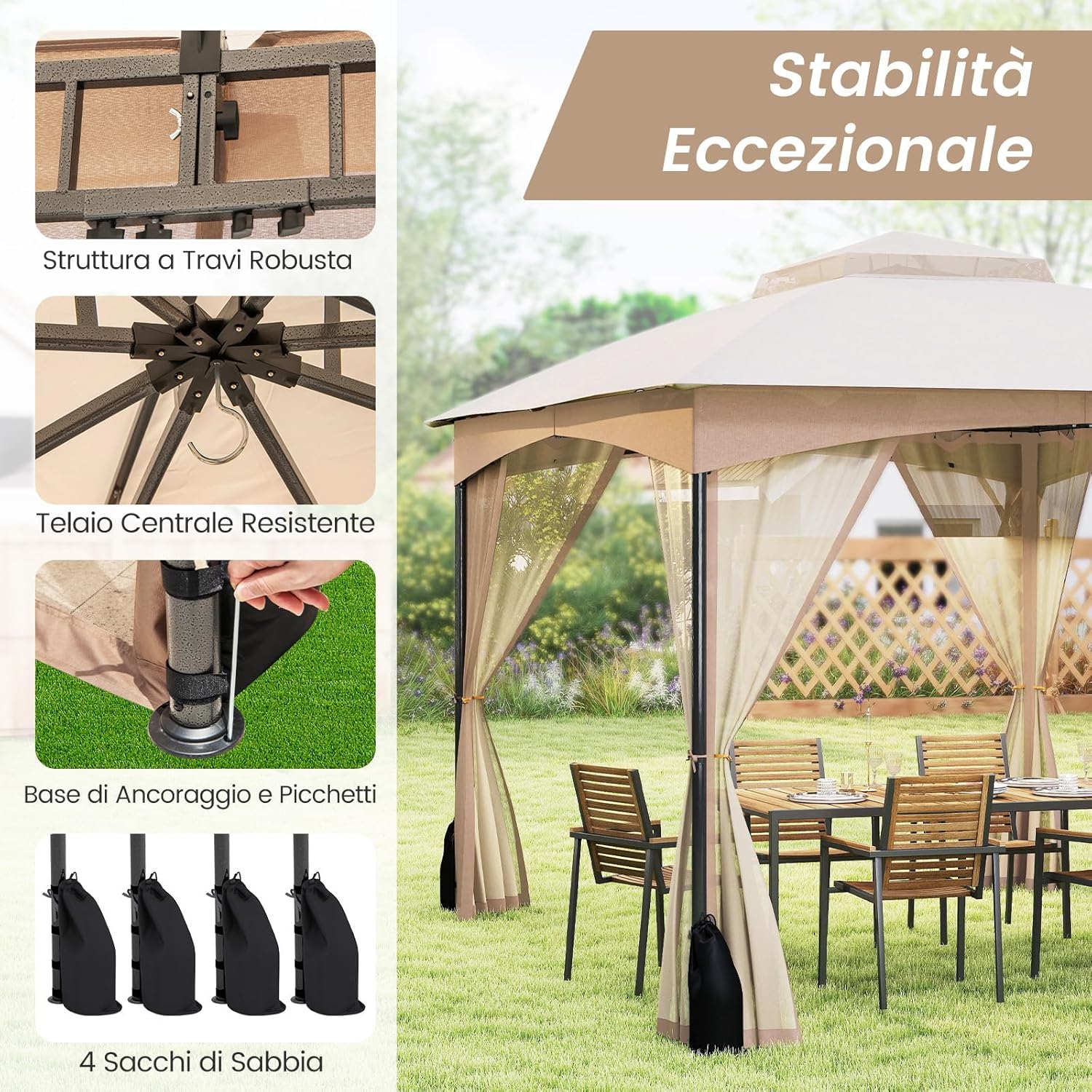 Gazebo da Giardino 3 x 3,6 m, Gazebo con Zanzariera a Doppia Copertura con Sacchetti di Sabbia e Picchetti a Terra, Tenda Impermeabile con Struttura in Metallo per Prato (Kaki)