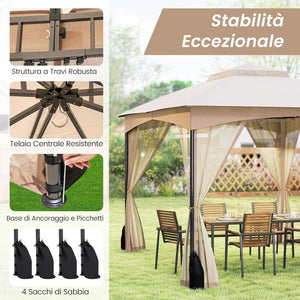 Gazebo da Giardino 3 x 3,6 m, Gazebo con Zanzariera a Doppia Copertura con Sacchetti di Sabbia e Picchetti a Terra, Tenda Impermeabile con Struttura in Metallo per Prato (Kaki)
