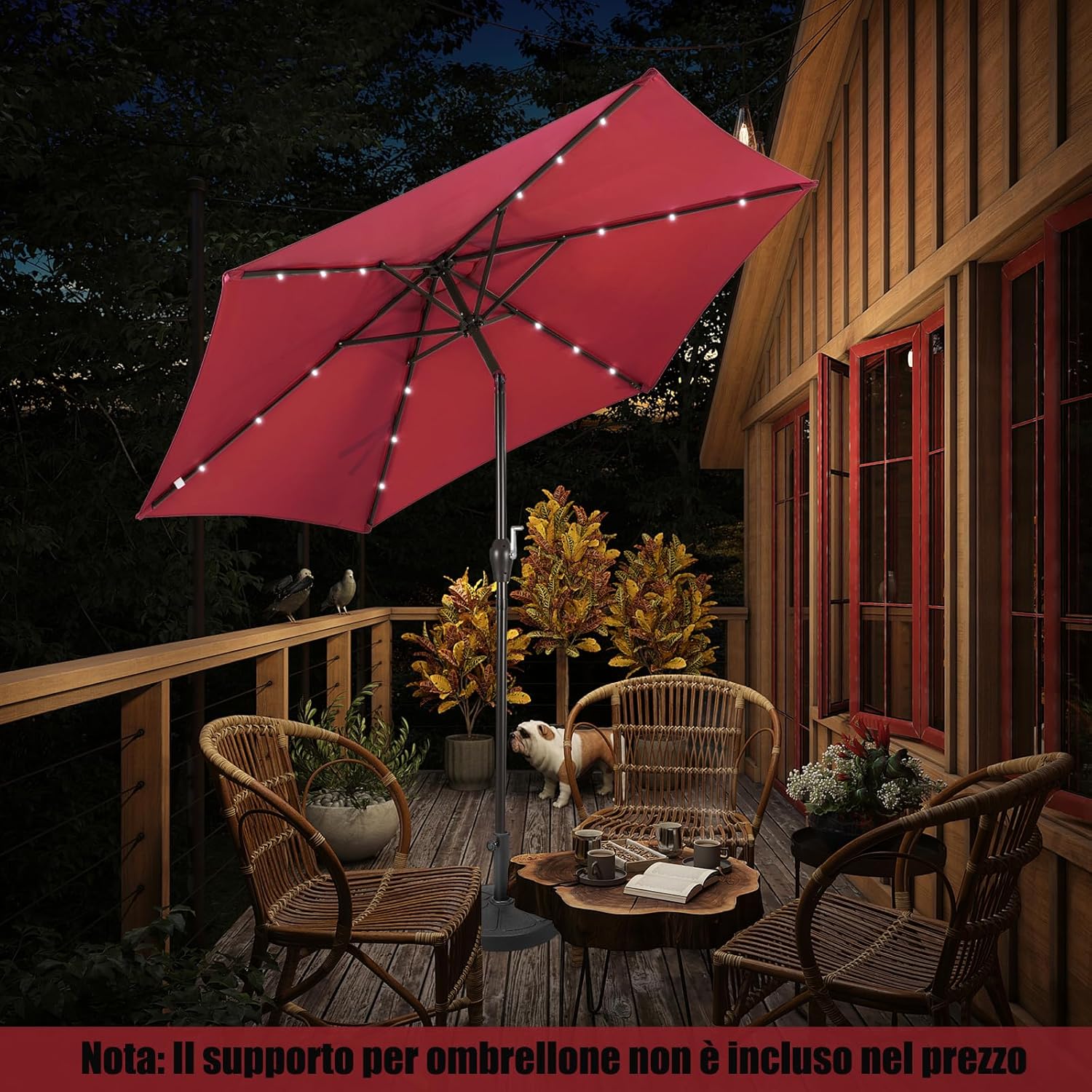 Ombrellone da Giardino con Led Luci ?270 cm, Parasole da Esterno Ombrello da Spiaggia (Rosso)