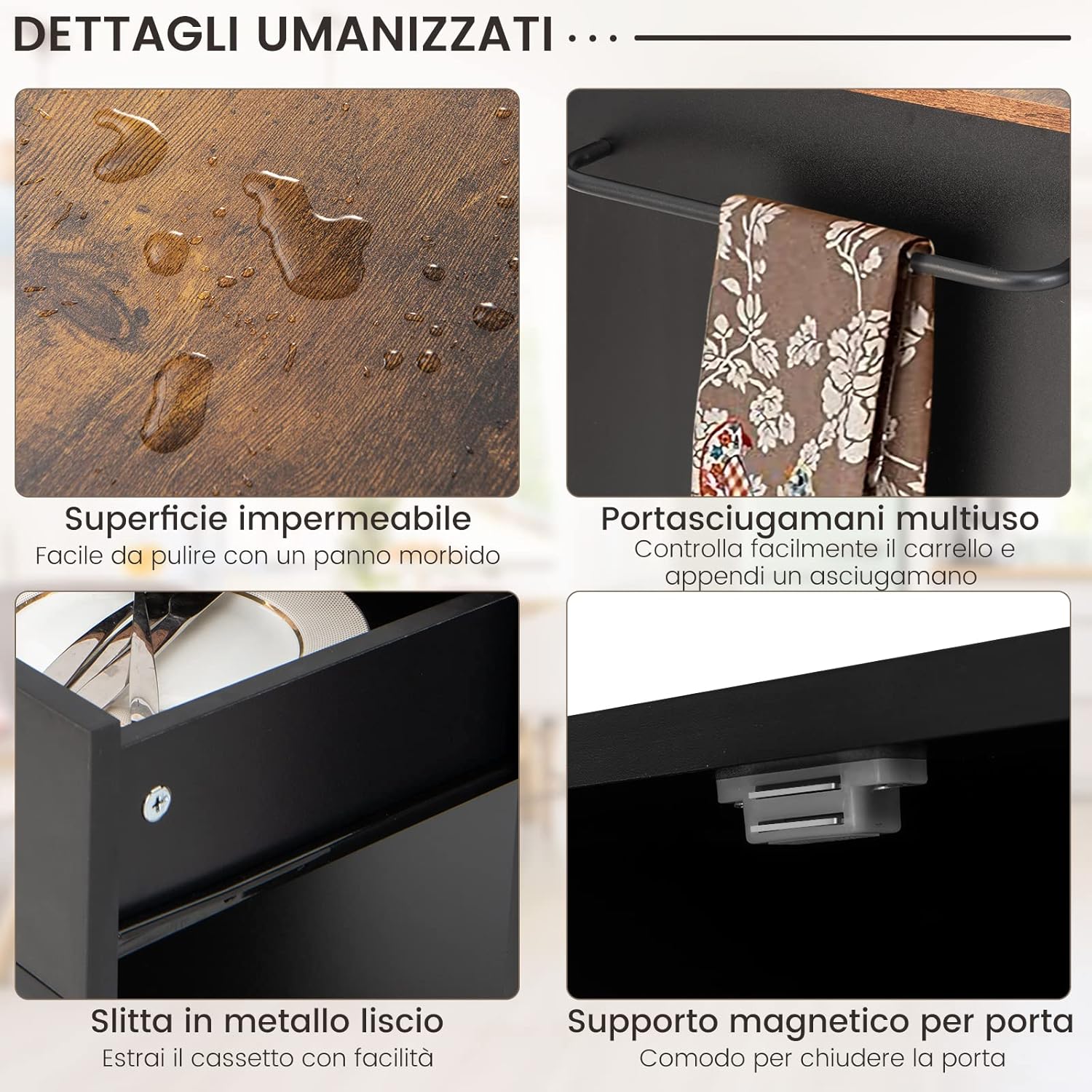 Carrello da Cucina con Ruote, Isola da Cucina con 3 Portaspezie 1 Cassetto Armadietto a 2 Porte, Carrello Portaoggetti con Portasciugamani, 82x46x92 cm (Nero)