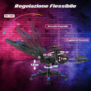 Sedia da Ufficio Ergonomica per Computer con Altezza Regolabile, Sedia da Gaming con Luci RGB LED, Schienale e Braccioli Regolabili, Poggiapiedi Estraibile e Supporto Lombare (Blu)