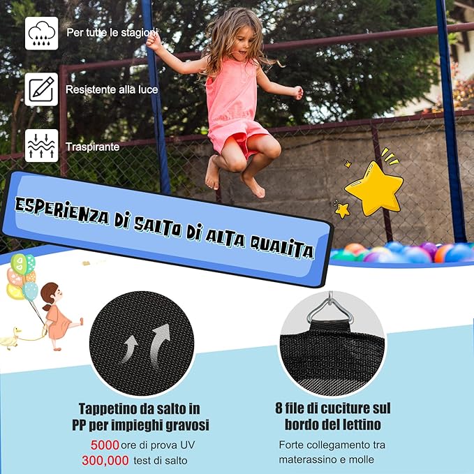 Tappeto Elastico per Bambini ed Adulti Ø 366 cm Certificato GS, Trampolino Bambini da Esterno e Interno con Rete, 72 Molle, Canestro, Scala a 3 Gradini, Pompa e Palla, Portata 180kg