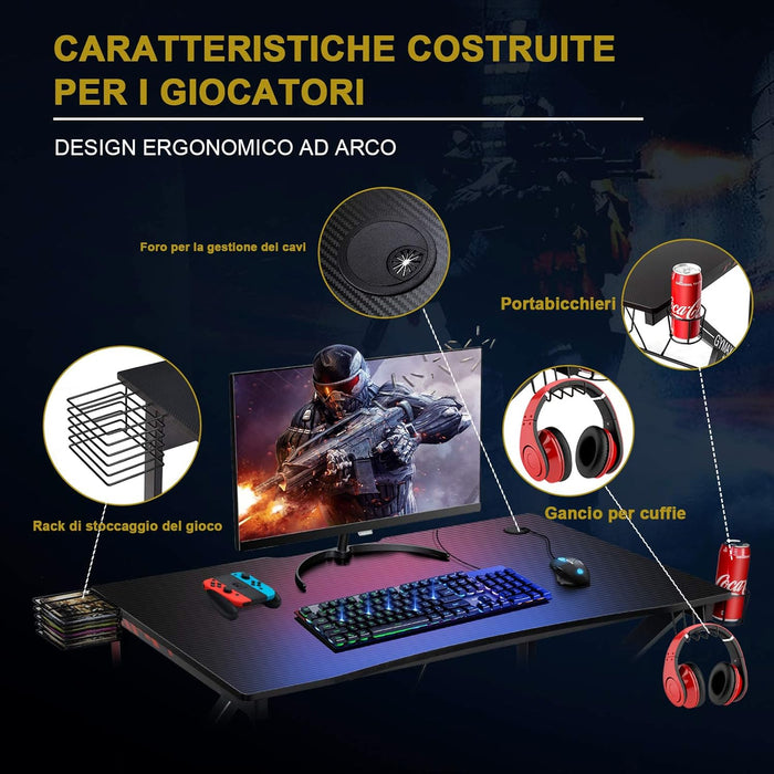 Scrivania Gaming Ergonomica, Tavolo da Gioco per Computer, con Porta Bicchiere e Gancio per Cuffie, Nero 115x73x76,5 cm