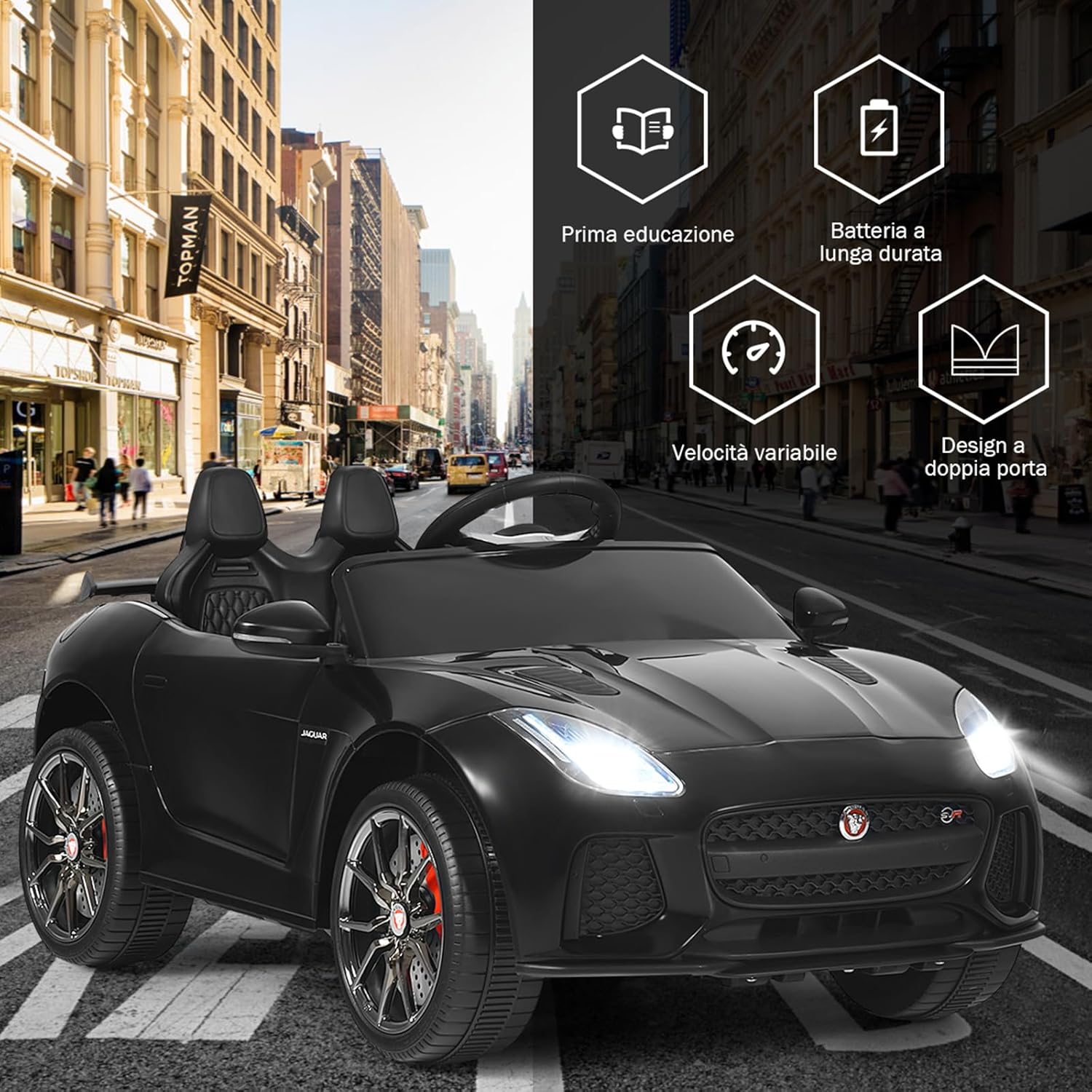 Jaguar Auto Elettrico 12 V per Bambini, Macchina Elettrica con Telecomando, con Luci Musica Storia, Avvio Lento, Velocit¨¤ 3-5 km/h (Nero)