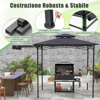 Gazebo per Barbecue, Pergola per BBQ con Tendalino Laterale, Tetto a 2 Livelli, 2 Ripiani Laterali, Ganci Appesi, Apribottiglie, per Giardino e Cortile, 318 x 153 x 250 cm (Grigio Scuro)