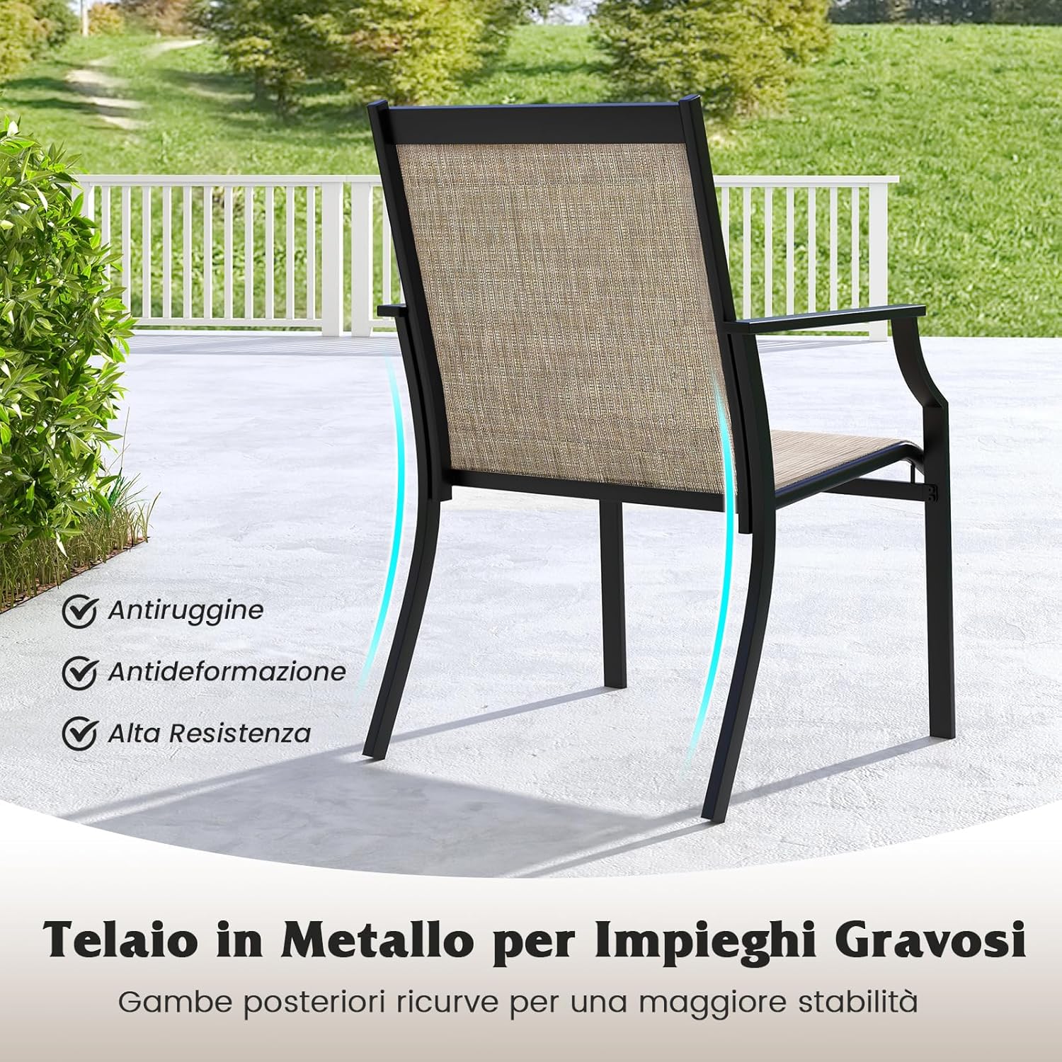 2 Sedie da Pranzo per Patio, Poltrone da Esterno con Seduta Traspirante e Telaio in Metallo, Schienale Ergonomico e Braccioli, Poltrone con Schienale Alto per Portico, Cortile, Prato(CaffÃ¨)