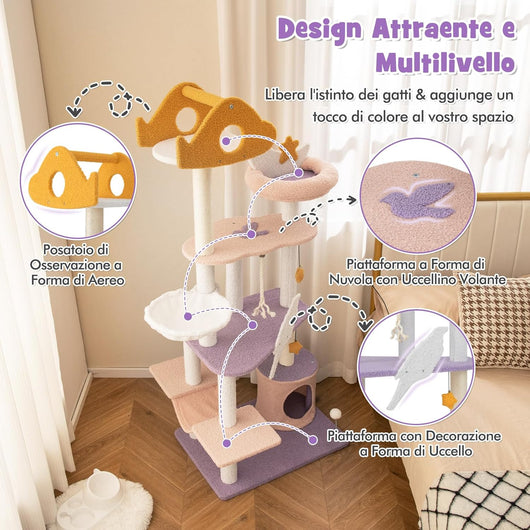 Tiragraffi per Gatti Alto 167 cm, Albero per Gatti Tiragraffi Gatto Stabile Multilivello, Albero Giochi in Sisal Piatteforme Rela, Ampio e Sicuro, 1 Amaca, 1 Grotta, 1Cesto