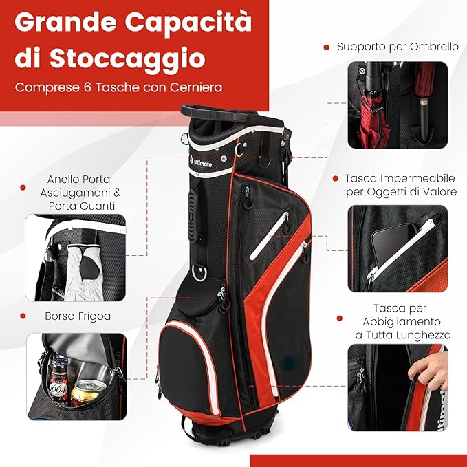 Sacca per Mazze da Golf, Borsa da Golf con Supporto, Divisori a 14 Vie, 6 Tasche, Borsa Frigo, Doppia Tracolla e Cappuccio Antipioggia, Ideale per Uomini e Donne
