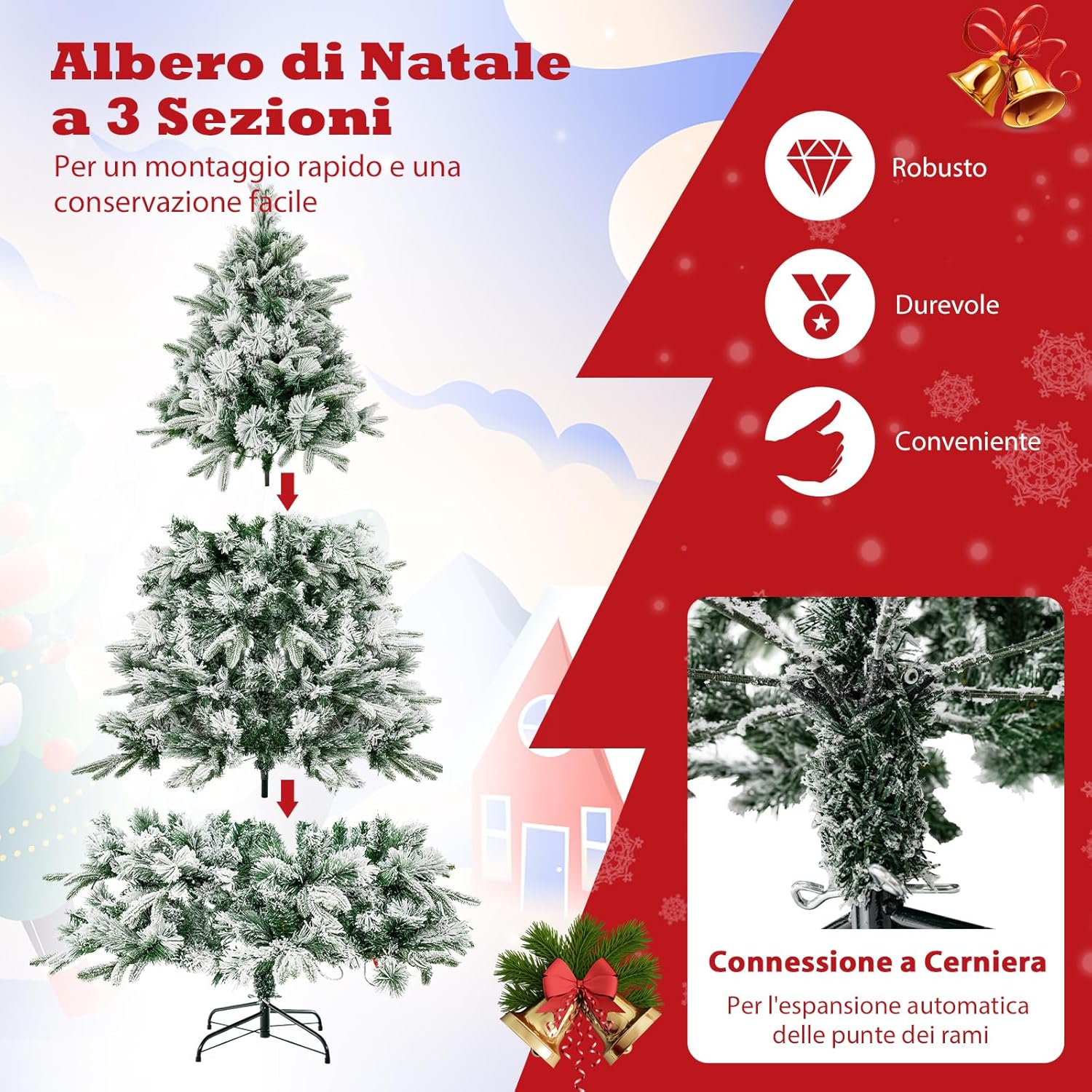 Albero di Natale Innevato136/186 cm, Albero di Natale con 150/250 Luci LED Bianco Caldo, 384/752 Punte di Ramo Miste e Aghi di Pino per Casa e Ufficio (186 cm)
