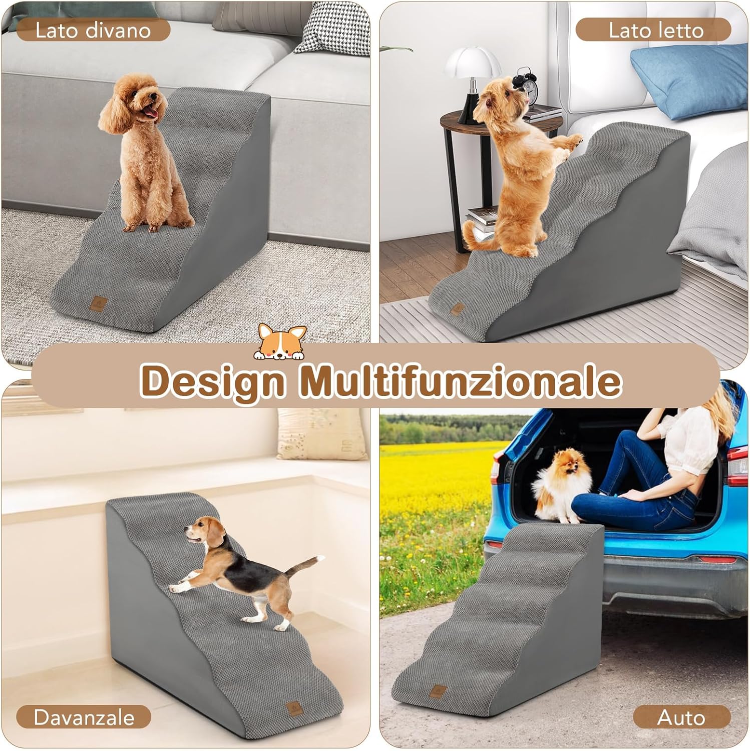 Rampa per Cani in Schiuma, Scale per Animali con Copertura Lavabile, Fondo Antiscivolo, Passi Incline per Letti e Divani, Scala per Animali Piccoli, Anziani e Feriti (Grigio,5,41 x 87 x 56cm)