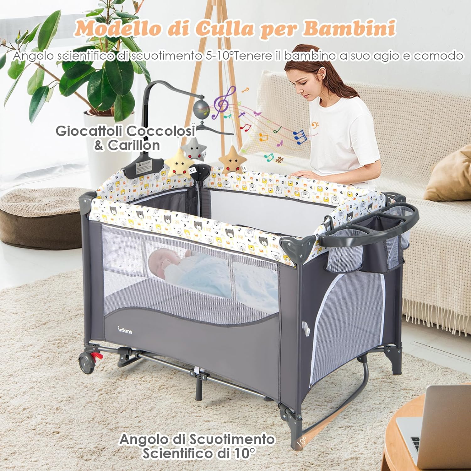 5-in-1 Lettino da Campeggio con Materasso, Lettino per Bambini con Fasciatoio, Lettino Pieghevole e Portabile, Altezza Regolabile in 5 Livelli, per Bambini 0-36 Mesi (Grigio+Beige)