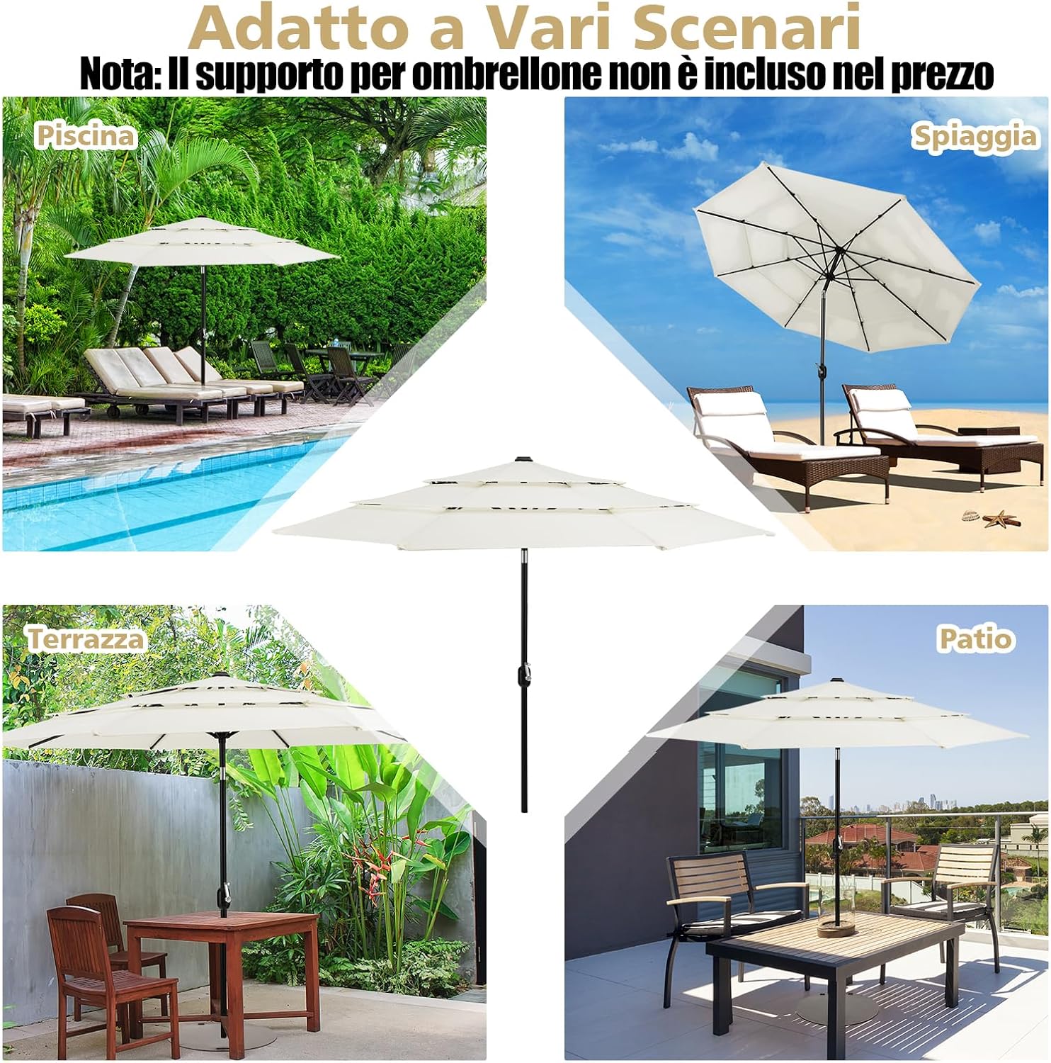 Ombrellone da Giardino 293 cm a 3 Livelli, Ombrellone da Esterno con Doppia Ventilazione, Inclinazione Regolabile, con Manovella 8 Stecche, Ombrellone da Spiaggia Giardino Piscina (Beige)