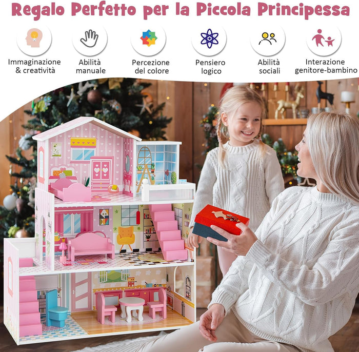 Casa delle Bambole in Legno, Set di Casa delle Bambole per Bambini con 5 Stanze e 10 Mobili, 3 Piani, Casetta Bambole per Bambini 3-7 Anni, 60 x 25 x 70 cm