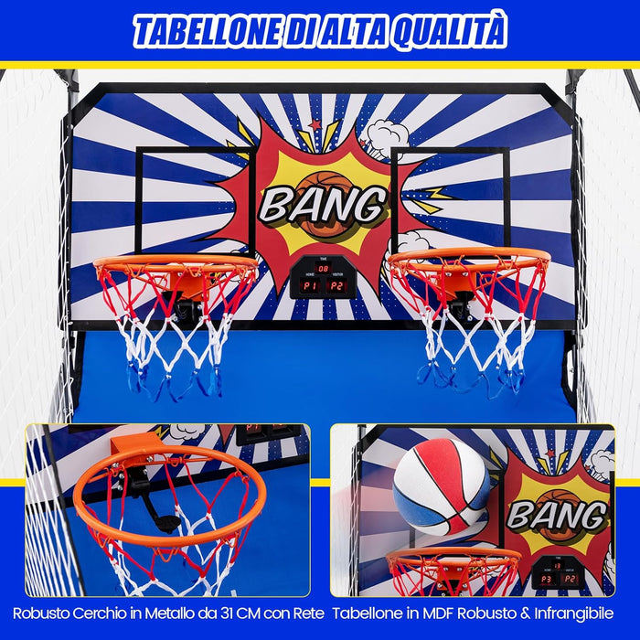 Macchina da Pallacanestro Elettronica Pieghevole, Gioco Arcade da Basket a Doppio Tiro per Casa con 8 Modalità di Gioco, Suono Arcade, Punteggio Elettronico, 4 Palloni e Pompa (Blu e bianco)