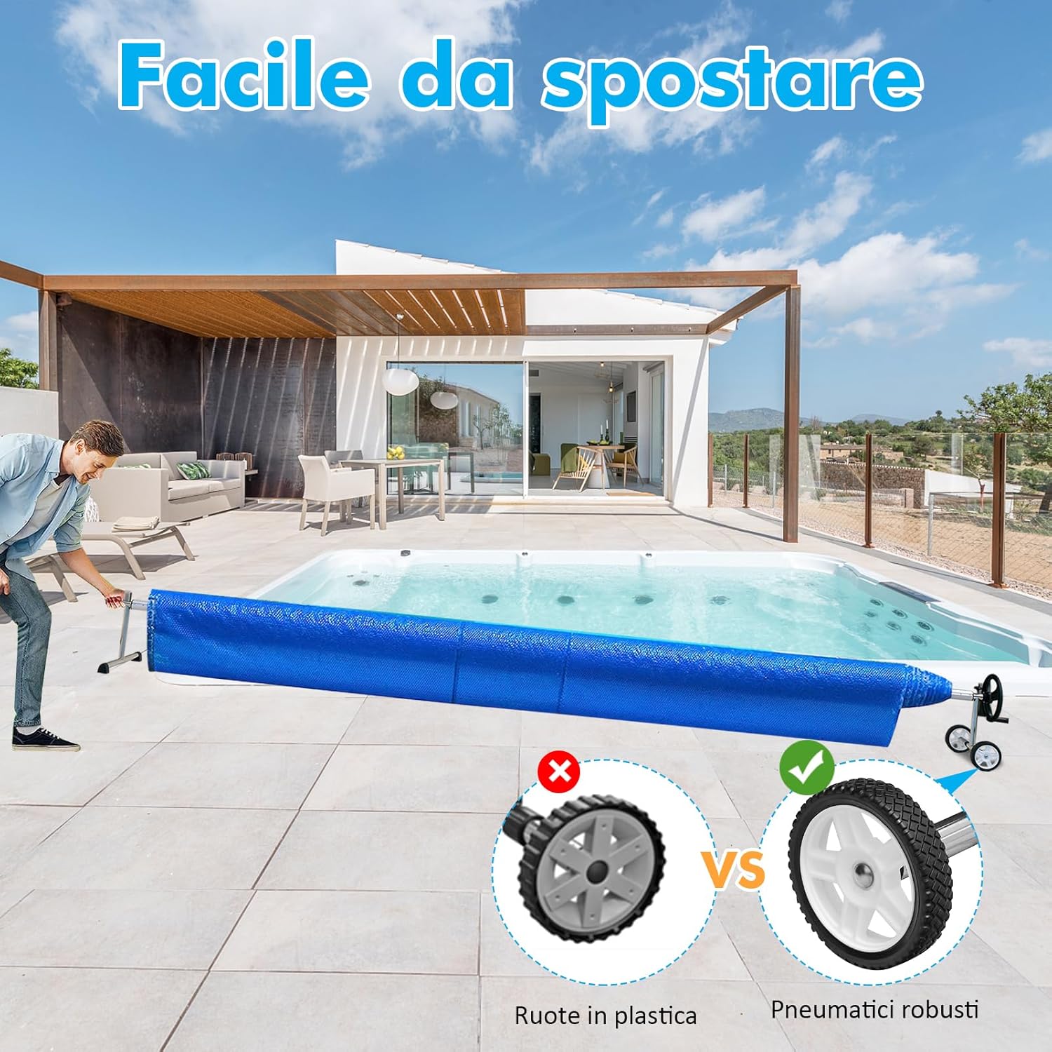 Rullo Avvolgitore per Piscina, Avvolgitore Telo Piscina 7 M Regolabile con Ruote in Gomma, Avvolgitore per Piscina in Alluminio