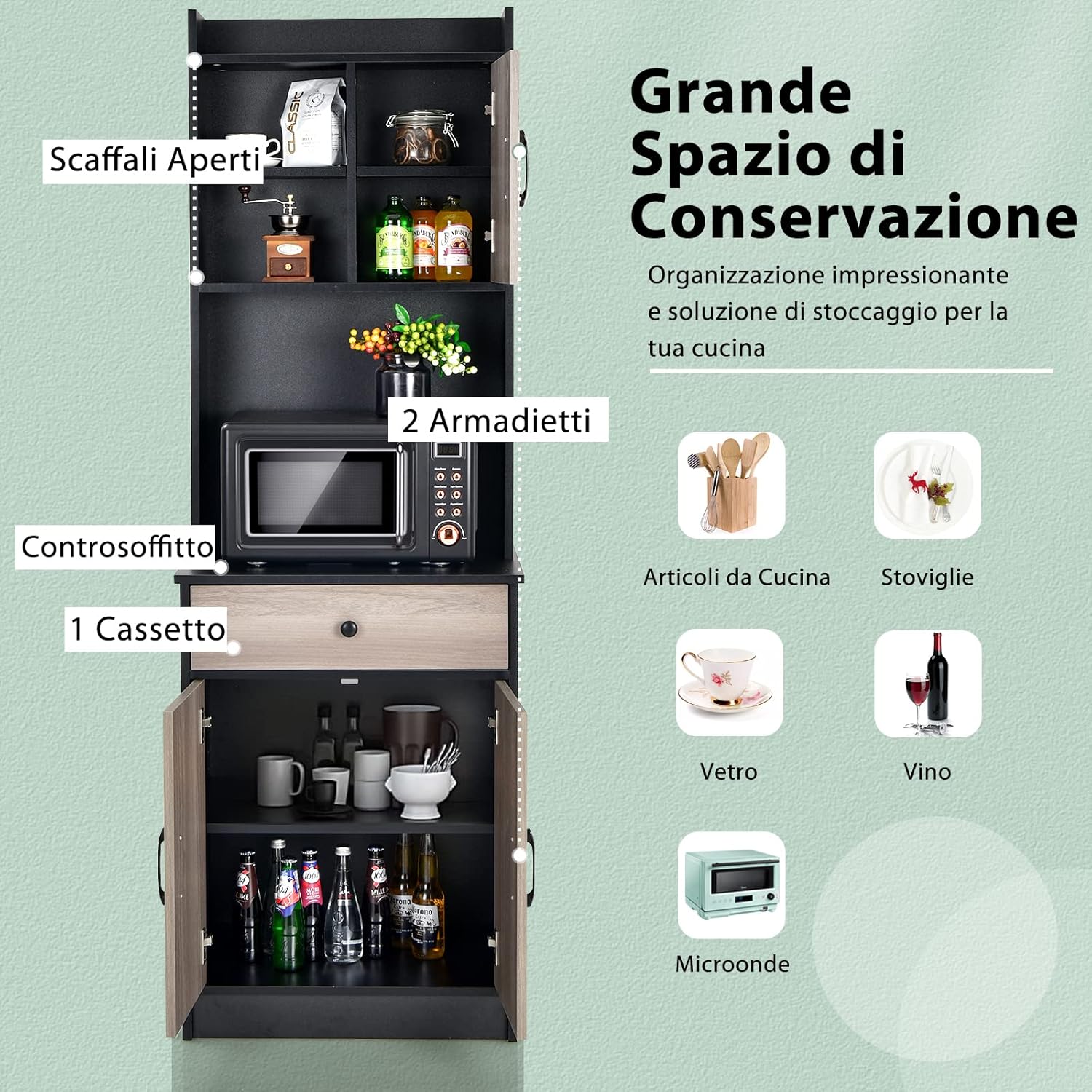 Mobile Cucina con 3 Ante e Credenza, Dispensa Cucina con Cassetto, con Foro per Cavi e Ripiani Regolabili, Ampio Spazio Aperto per Microonde, 60 x 40 x 180 cm (Nero)