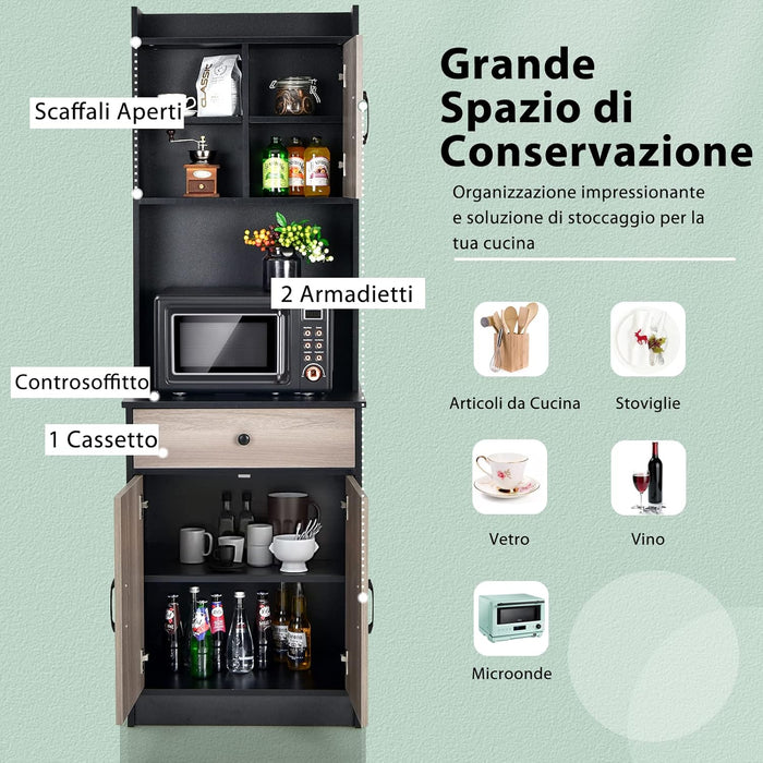 Mobile Cucina con 3 Ante e Credenza, Dispensa Cucina con Cassetto, con Foro per Cavi e Ripiani Regolabili, Ampio Spazio Aperto per Microonde, 60 x 40 x 180 cm (Nero)