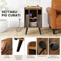 Supporto per Giradischi, Porta Vinili con 4 Ripiani Aperti, Presa di Corrente e Porta USB, con Mensole Espositive, per Soggiorno, Camera da Letto e Ufficio, 43 x 34,5 x 67,5 cm (Marrone)